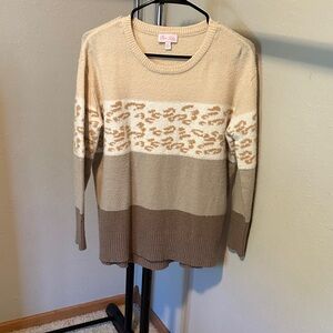 Pink Lily Leopard Beige and Brown Striped Sweater